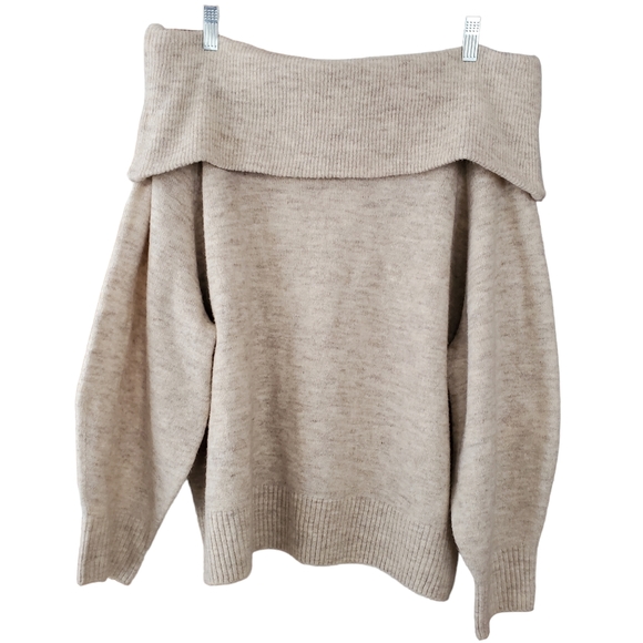 H&M off the shoulder knit sweater wool blend beige oatmeal balloon sleeve large - Picture 2 of 7